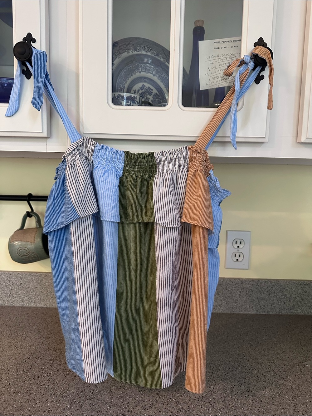 LC Lauren Conrad Blue, Green, Tan & White Striped Tie-Shoulder top